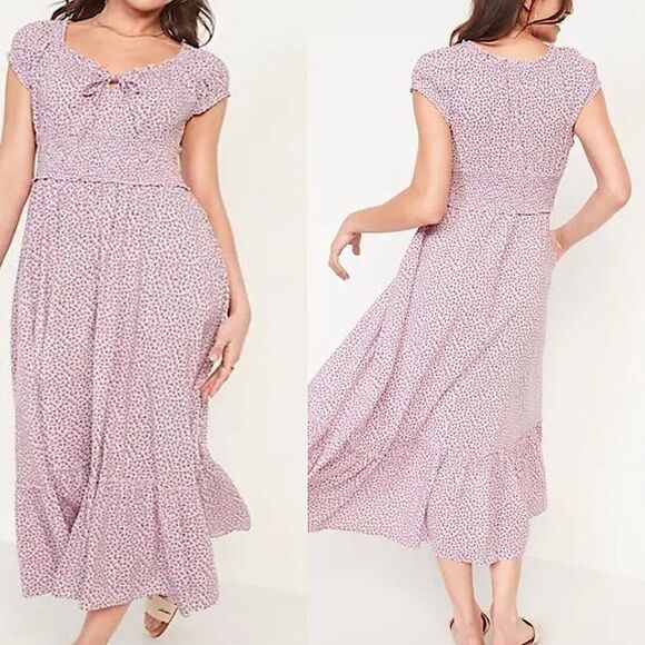Old Navy Smocke fairy boho lavender Floral Maxi Dress baby doll flounce plus XXL - Picture 1 of 13